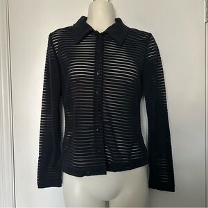 SD Collection Vontage Black Striped Mesh Button Up Top